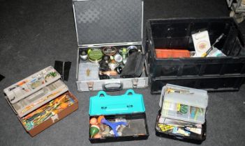 Large collection of fishing tackle to include floats, hooks, weights, lures, spare spools and