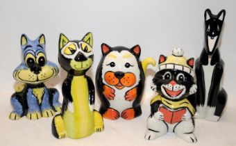 5 x Lorna Bailey cat figures including Christmas carol, Smiley, Sooty and Scooter. All signed