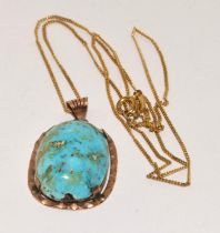 10ct gold Turquoise large single stone pendant necklace on a 9ct gold chain, length of chain 42cm