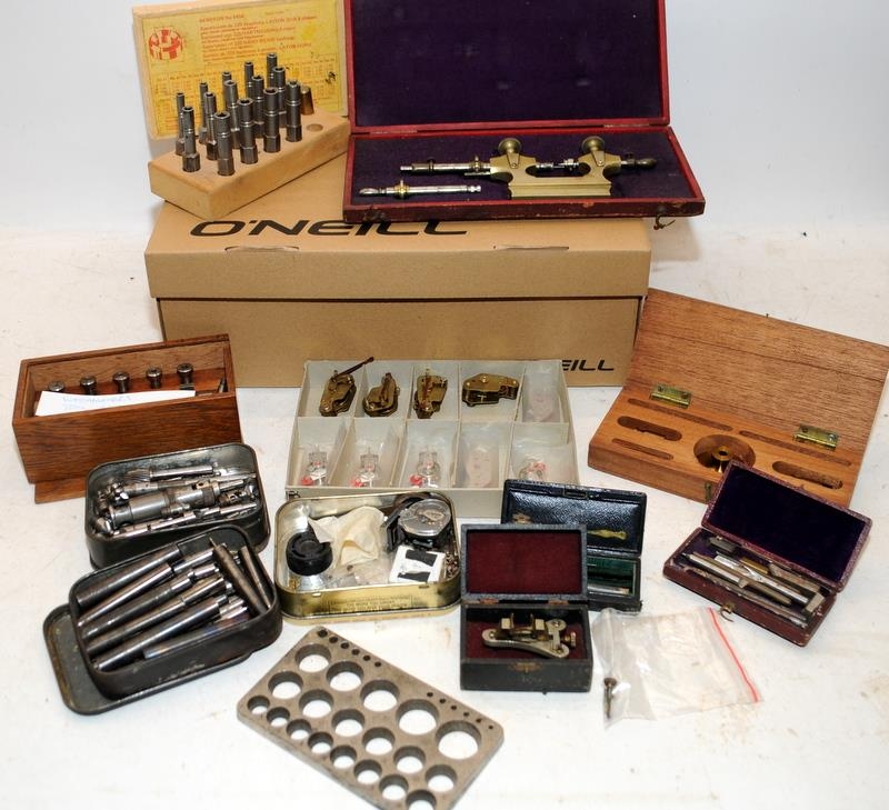 A wooden box containing a collection of sorted watch lenses c/w a box of useful watch makers tools - Image 4 of 6