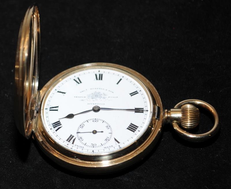Thomas Russell Liverpool 15 jewels gold plated half hunter pocket watch in good working order at - Image 3 of 4