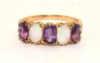 9ct gold Antique set Opal and Amethyst 5 stone ring size O