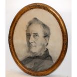 Unsigned charcoal portrait of a distinguished Victorian gentleman in a gilded oval frame. O/all