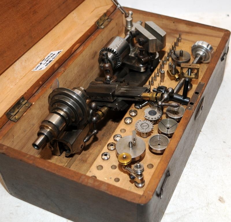 Vintage Wolf Jahn watchmakers/jewellers lathe and cross slide with accessories in original hinged - Image 3 of 4