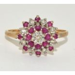 Diamond and Ruby large style cluster Hall marked diamond in ring in 9ct gold size T