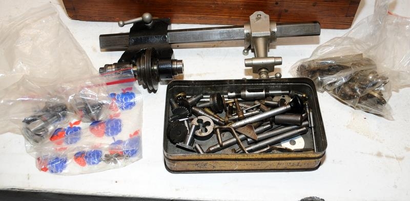 Vintage watch maker/jewellers lathe c/w accessories housed in a hinged wooden box. From a working - Image 2 of 4