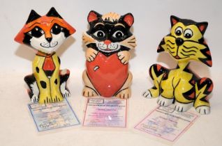 Lorna Bailey Cat Figures: Cubie 39/50, Cherish 10/50 and Moggy 14/50. All with signed certificates