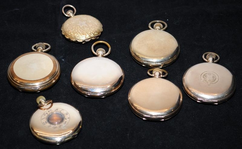 A collection of antique gold plated full hunter pocket watches, all requiring attention. Lot also