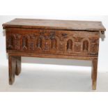 18th Century Carved English Oak Miniature Wooden Coffer 34cms tall x 52cms wide x 26cms deep.