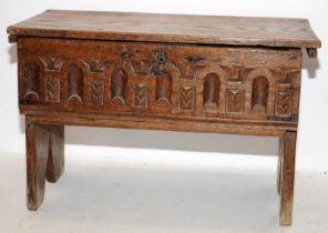 18th Century Carved English Oak Miniature Wooden Coffer 34cms tall x 52cms wide x 26cms deep.