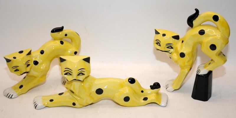 Lorna Bailey Cats Set: Large Yellow/Black Polka Dot Cat Set, Leaping, Stretching and Laying. 3 in