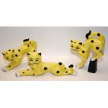Lorna Bailey Cats Set: Large Yellow/Black Polka Dot Cat Set, Leaping, Stretching and Laying. 3 in