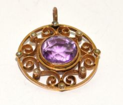 Antique tested 9ct gold Amethyst and seed pearl lavaliere pendant 4g
