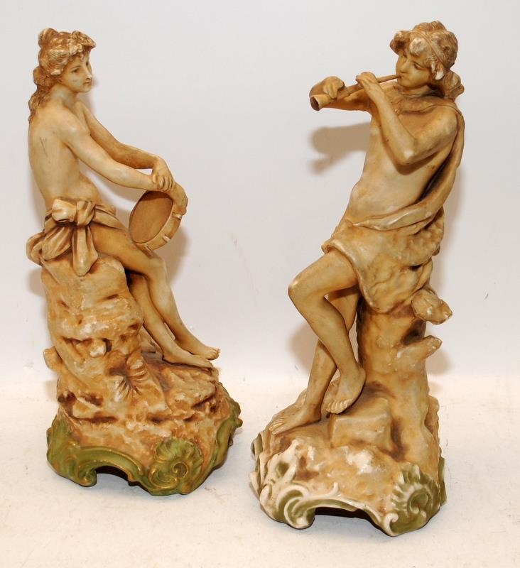 Pair of antique porcelain figures, male playing a pipe and female playing a tambourine. Male - Image 2 of 4