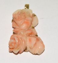 Vintage Chinese carved natural angel skin Coral and 14ct gold large pendant