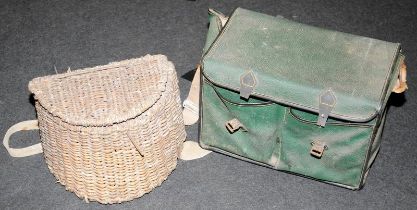 A vintage wicker fishing creel c/w a vintage tackle seat box