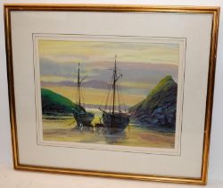 Original gouache painting by Frank McNichol: Slate Boats Volunteer and Rifleman - Port Gaverne 1890.