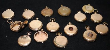 A box of gold plated hunter and half hunter pocket watch cases for spares/repair, mostly just