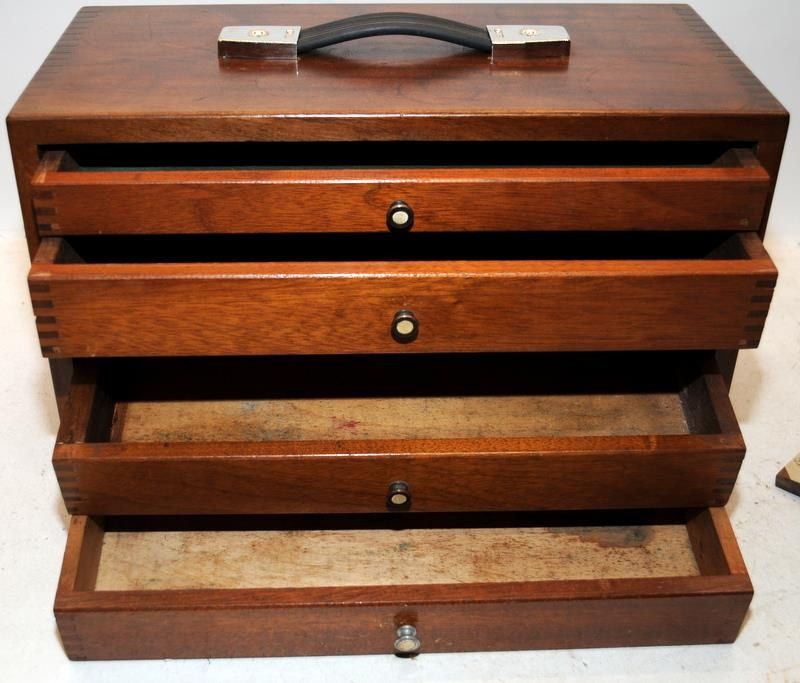 Vintage engineers wooden drop front chest of four drawers with working lock. 28cms tall x 47cms wide - Image 4 of 4