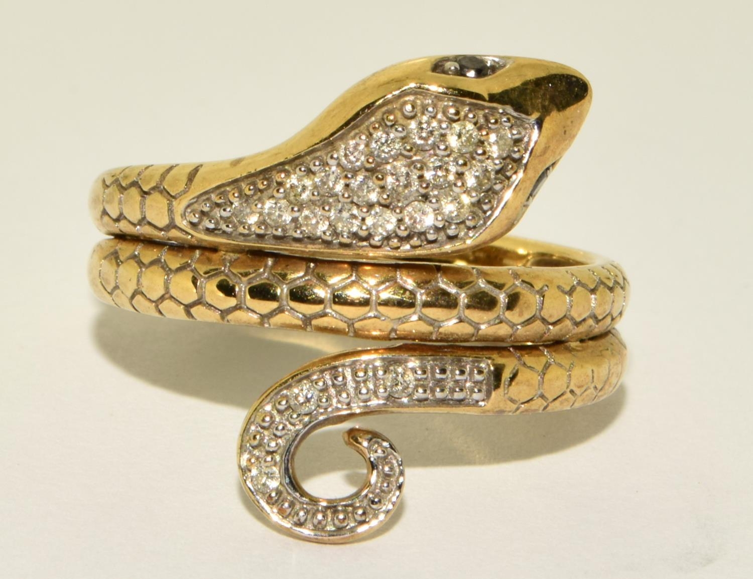 Snake diamond 4.2g 9ct gold ring Size P