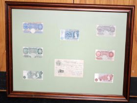 Framed collection of banknotes including White Five Pounds serial no.S33 056515, also includes