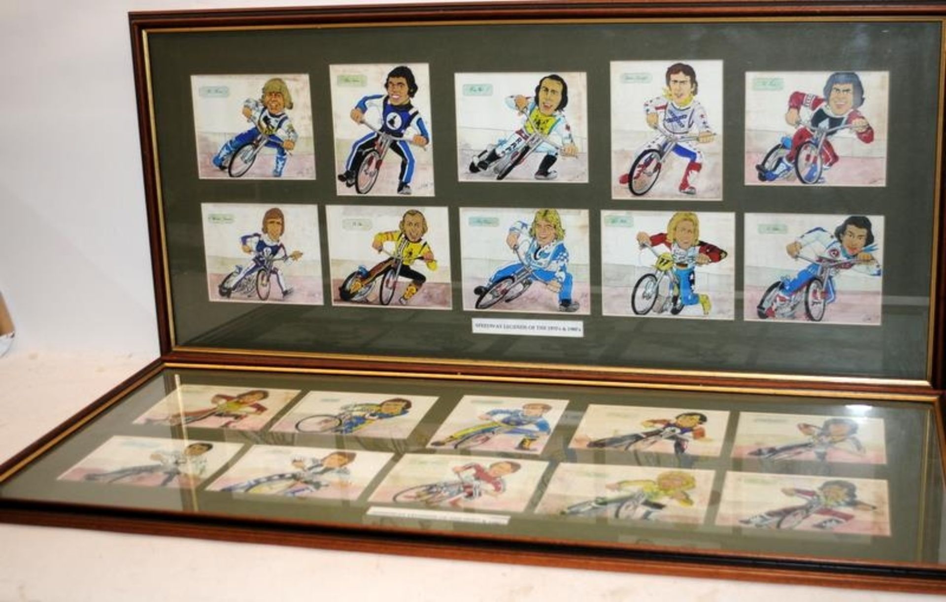 A collection of 1970's & 80's Speedway Star cartoon caricatures. 20 images in total, 2 x 10 glazed