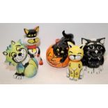 5 x Lorna Bailey cat figures: Marvin, Itchy, Leo, Whiskey and Halloween cat. All signed