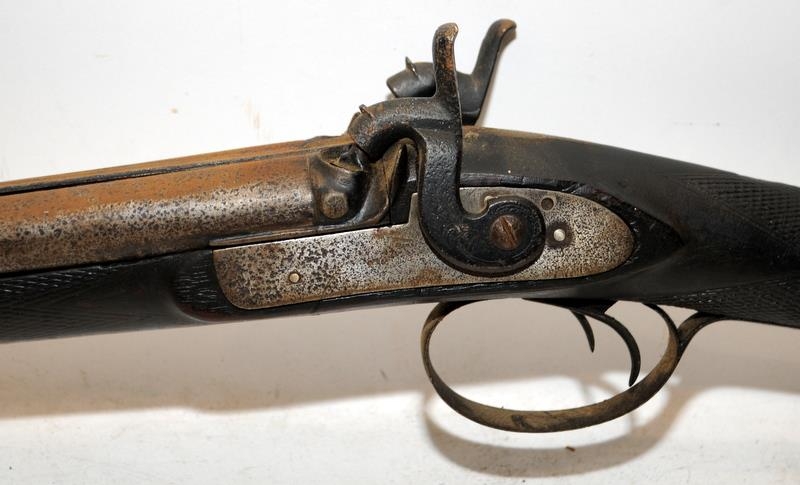 Antique Muzzle loading twin barrel twin trigger percussion rifle. Armoury marks to stoppered barrel. - Image 2 of 5