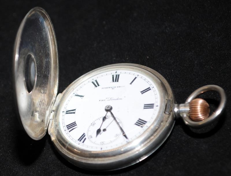 Antique sterling silver half hunter pocket watch, dial signed W Robinson Bros 'The London'. Winds - Image 3 of 5