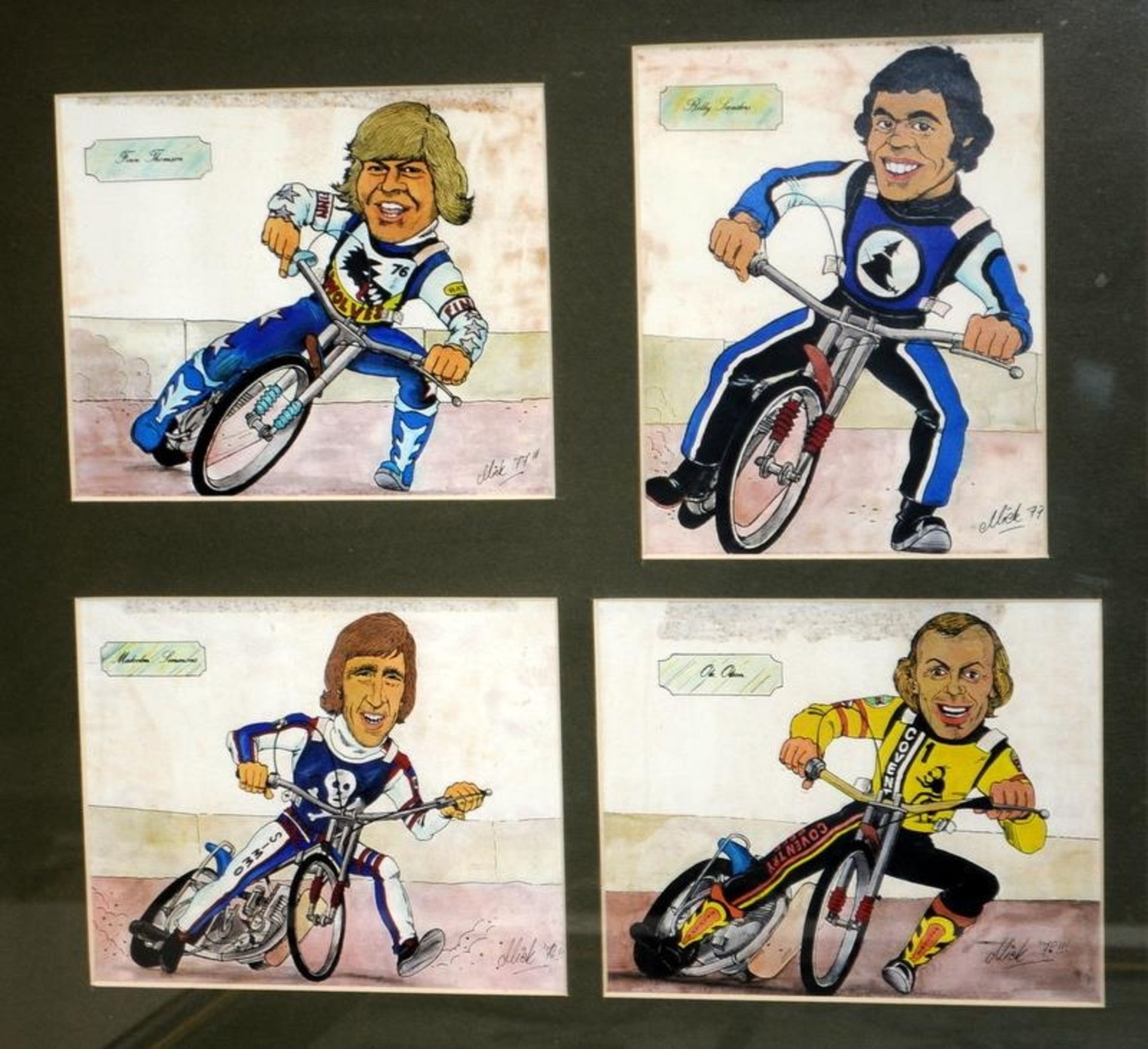 A collection of 1970's & 80's Speedway Star cartoon caricatures. 20 images in total, 2 x 10 glazed - Image 3 of 6
