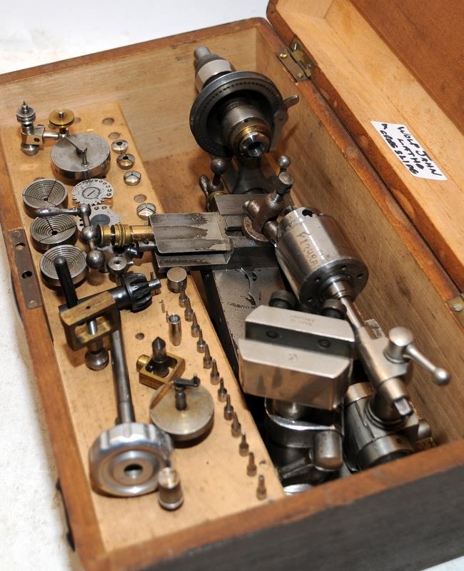 Vintage Wolf Jahn watchmakers/jewellers lathe and cross slide with accessories in original hinged - Image 2 of 4