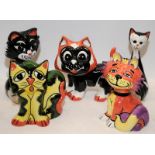 5 x Lorna Bailey cat figures: Sid, Gotcha, Cutie, Jaspurr and one other. All signed.