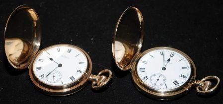 Two quality vintage gold plated Waltham full hunter pocket watches. Both in good working order at