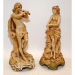 Pair of antique porcelain figures, male playing a pipe and female playing a tambourine. Male