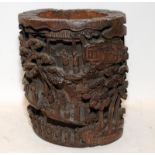 Antique Oriental scholar's brush pot manufactured from bamboo, detailed carving to external surface.