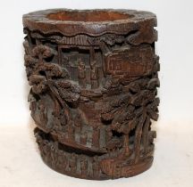 Antique Oriental scholar's brush pot manufactured from bamboo, detailed carving to external surface.