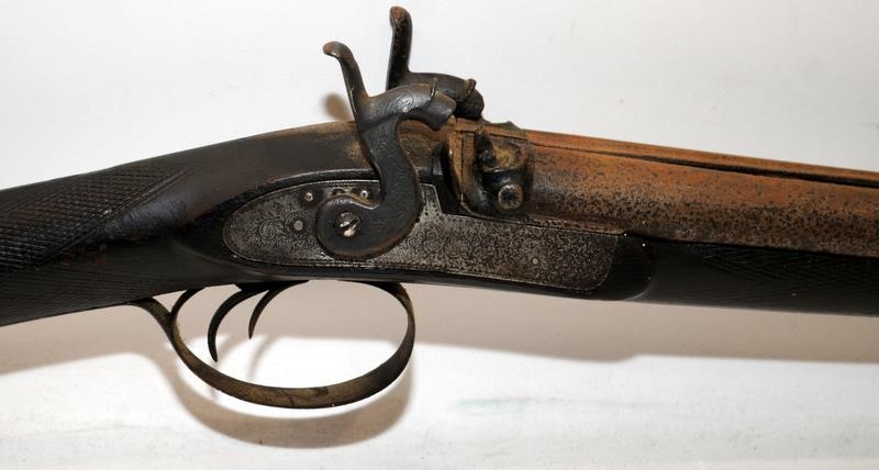 Antique Muzzle loading twin barrel twin trigger percussion rifle. Armoury marks to stoppered barrel. - Image 4 of 5
