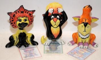 Lorna Bailey Cat Figures: Tufty 6/50, Shampoo 26/50 and Ringlets 3/50. All with signed certificates