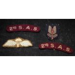Genuine WWII era SAS cloth cap badge, Parachute Jump Wings and 2nd SAS shoulder flashes