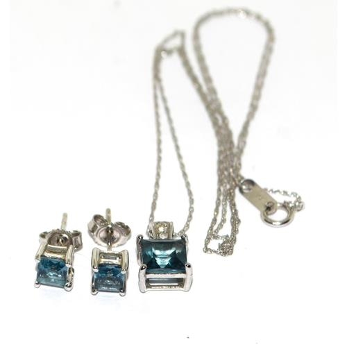 9ct white gold Diamond and Topaz pendant necklace and matching earrings chain 44cm long