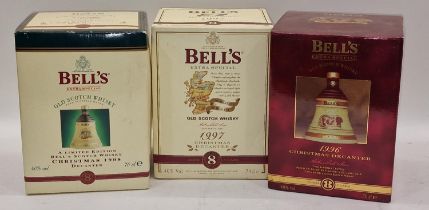 Bells Scotch whisky decanters boxed and unopened Christmas 1996,1997,1998