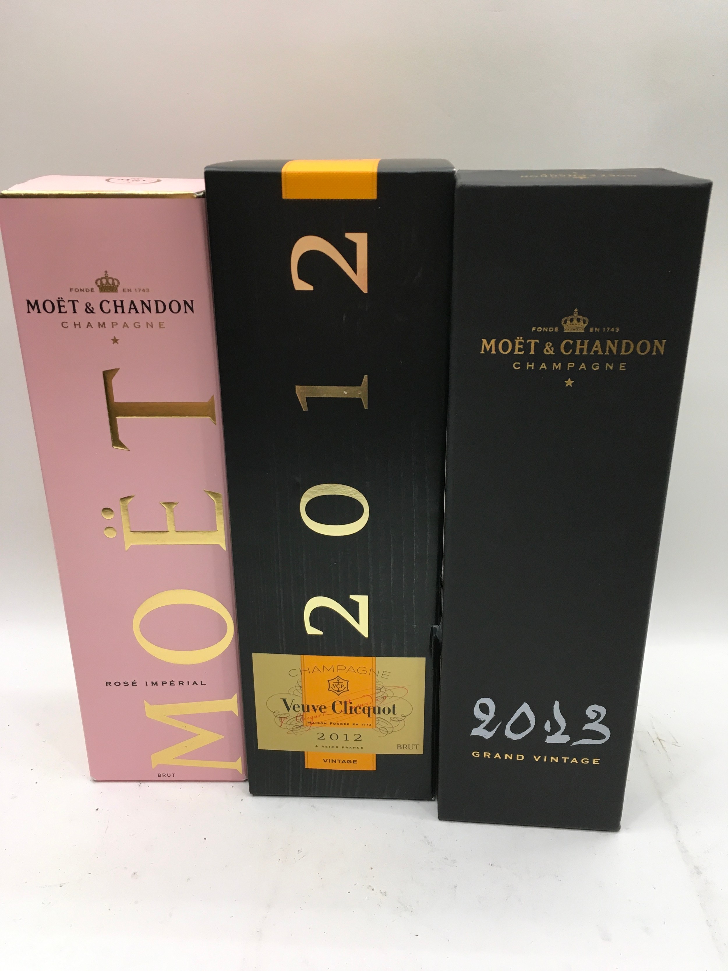 3 x bottles Champagne Verve Cliquot 2012, Moet Rose, Moet Grand Vintage 2013 ref 212,213,214