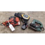 A De Walt corded sander together with a Black & Decker K86 corded power belt sander, Bosch PST 650 E
