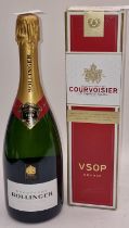 2 x bottles alcohol boxed Courvoisier VSOP cognac, Bollinger champagne ref 205, 211