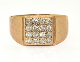 9ct gold gents diamond signet ring 16 square set stones size Y 5.2g