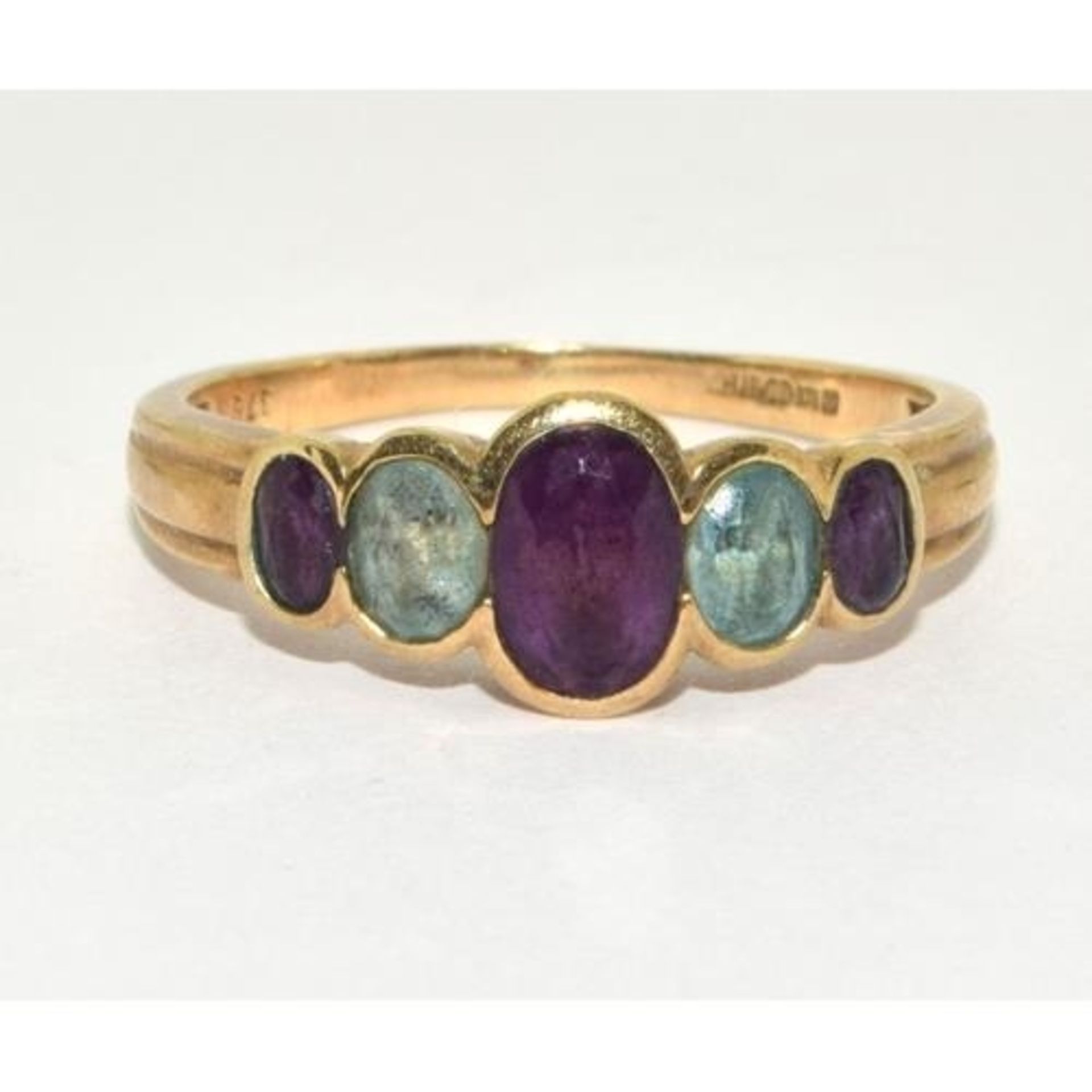 9ct gold ladies antique set Amethyst and aquamarine 5 stone ring size O - Image 5 of 5