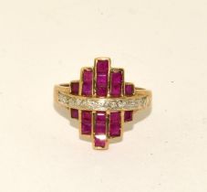 9ct gold art deco design Diamond and Ruby ring size N ref 65