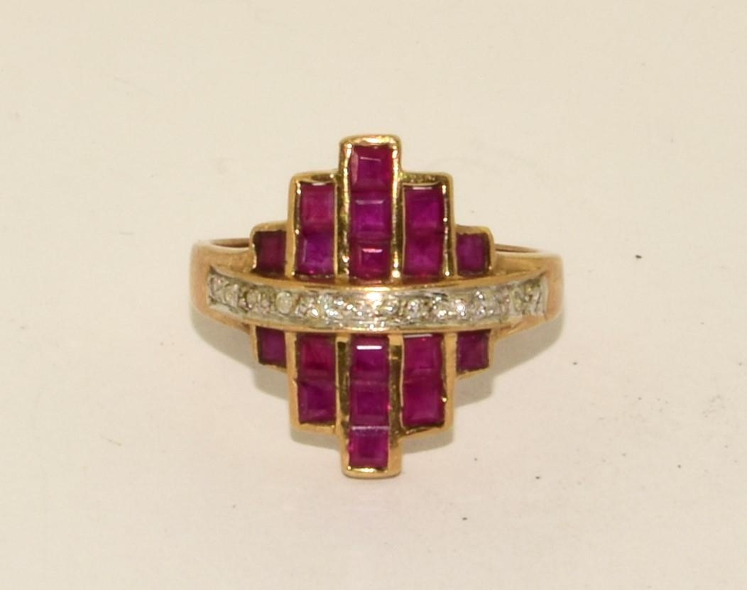 9ct gold art deco design Diamond and Ruby ring size N ref 65 - Image 5 of 5