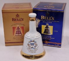 Bells Scotch whisky decanters 2 boxed and unopened 1 no box Christmas 1999, Prince of Wales 50th