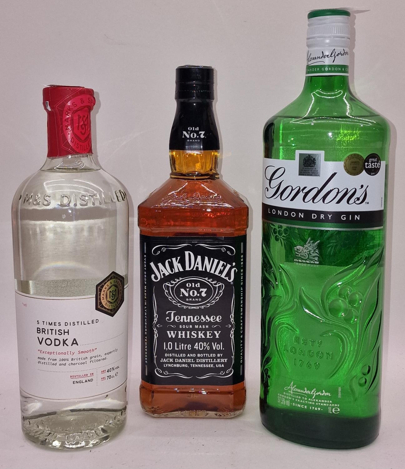 3 x bottles alcohol to include 1ltr Jack Daniels, 1ltr Gordons Gin, and a Vodka ref 197, 244, 241